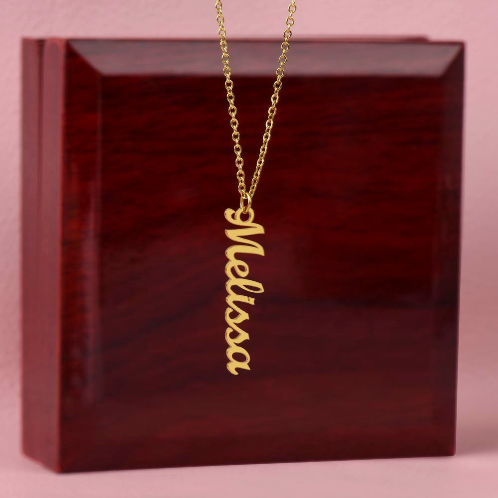 personalized vertical necklace features a cursive name design suspended on an 16”-18” adjustable cable chain, making it both personal and beautiful! Your necklace will be custom made upon ordering in the name or word of your choice, with up to 10 characters