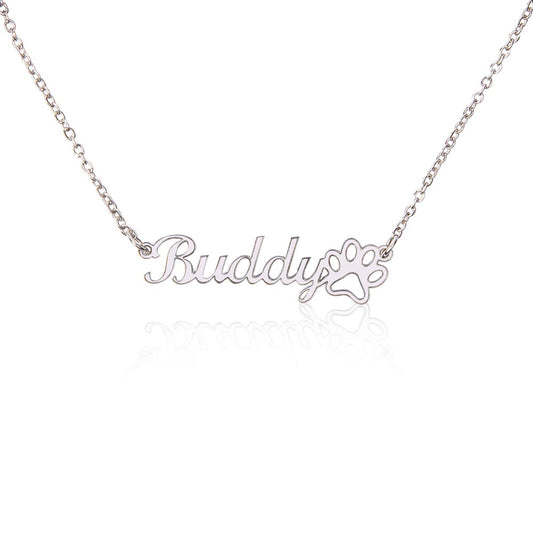 This personalized necklace with a paw features a cursive name design and paw print symbol suspended on a 16”-18” adjustable cable chain, making it both personal and beautiful! Your necklace will be custom made upon ordering in the name or word of your choice, with up to 10 characters.