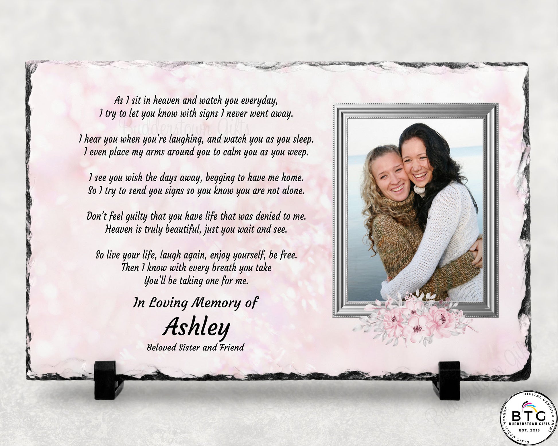  Photo Slate, adorned with a beautiful poem. This Memorial Slate serves as a thoughtful gesture for your grieving loved one, expressing your heartfelt care during this difficult time. 