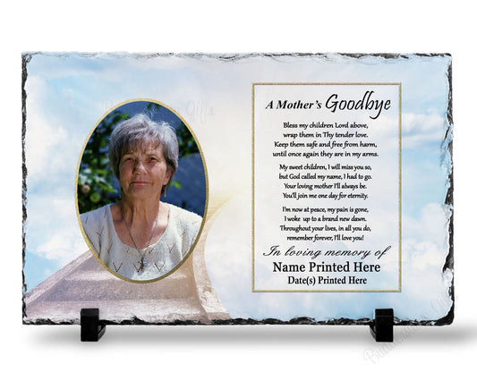 7 1/2 x 11 inches, this memorial plaque with printed photo is the perfect. The stone features a heartwarming A Mother's Goodbye poem serving as a constant reminder of your mother's enduring love and legacy.