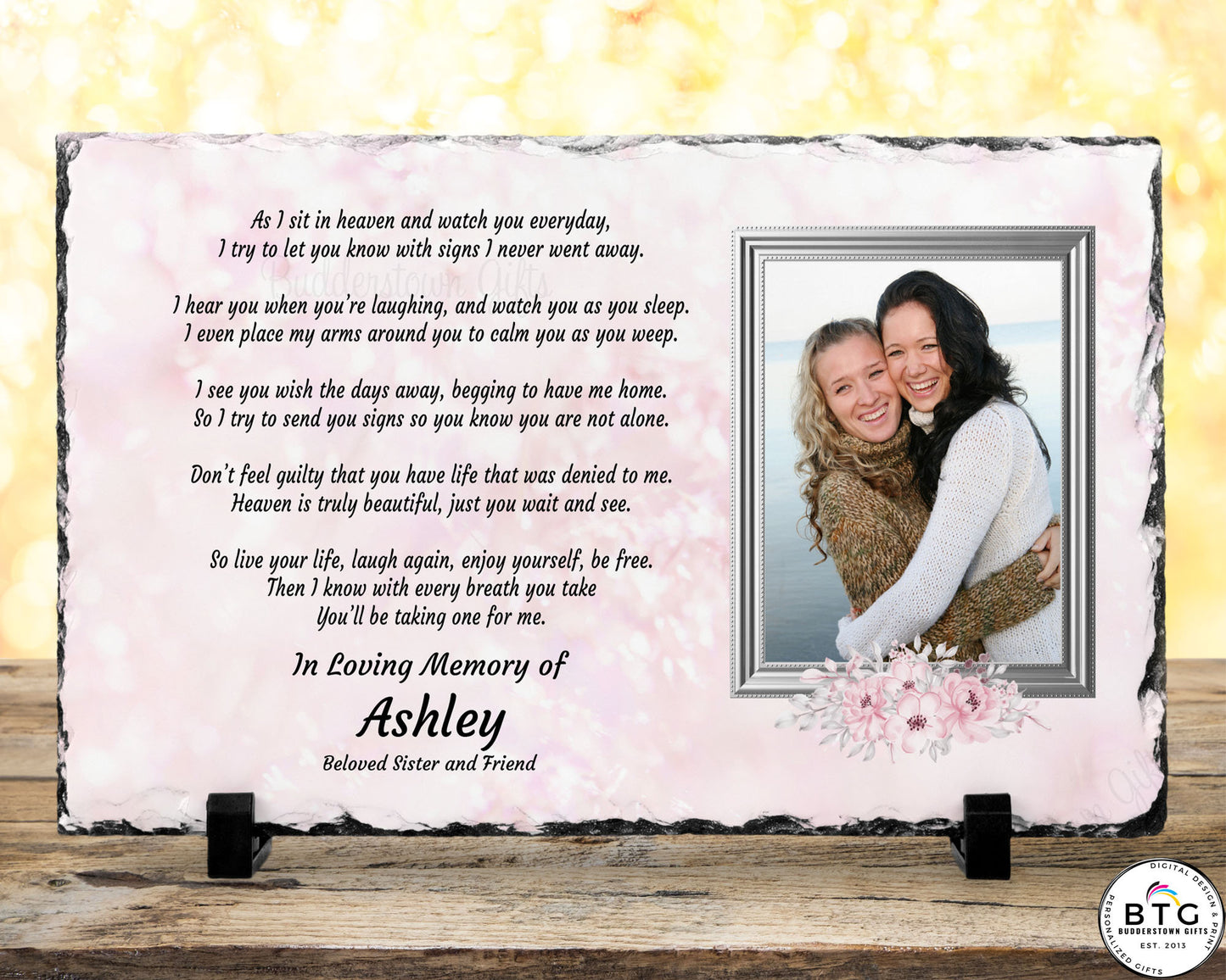  Photo Slate, adorned with a beautiful poem. This Memorial Slate serves as a thoughtful gesture for your grieving loved one, expressing your heartfelt care during this difficult time. 