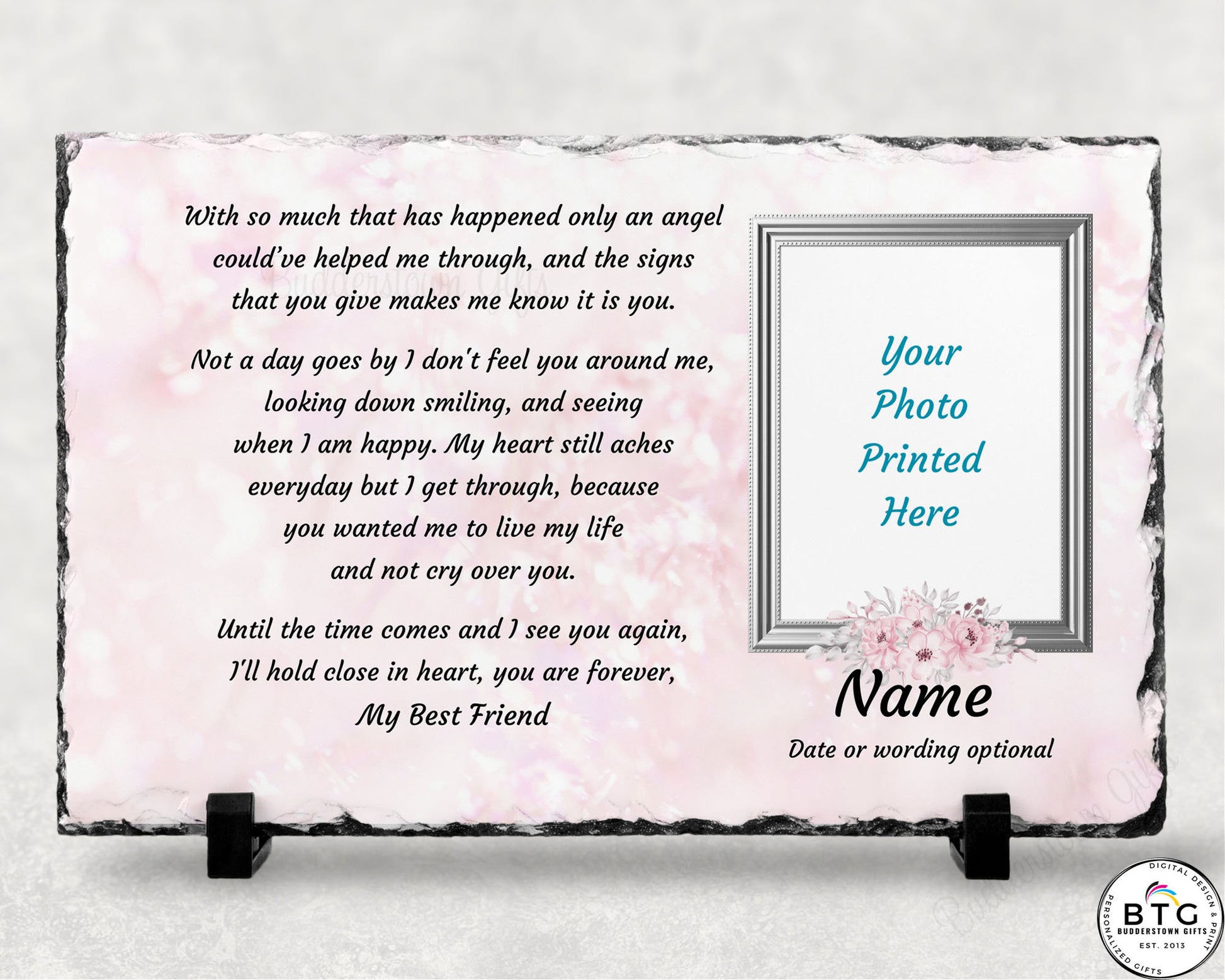 Capture cherished memories with our Photo Slate, printed with a beautiful poem. This Memorial Slate serves as a thoughtful gesture for your grieving loved one, expressing your heartfelt care during this difficult time or use it to honor and display the cherished memories of your late loved one. Measuring 7 1/2" x 11"