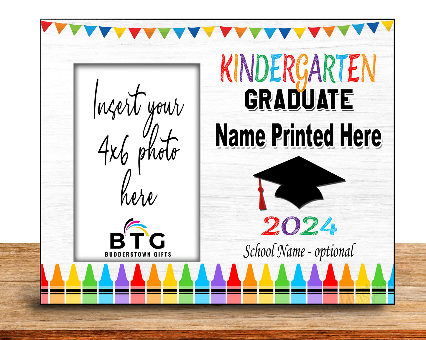 Kindergarten Graduate Personalized Graduation Frame.

This heartfelt 8x10 wood Photo Frame is the perfect way to commemorate this significant milestone. It holds an actual 4x6 photo, allowing you to capture your little one's adorable smile on their big day.