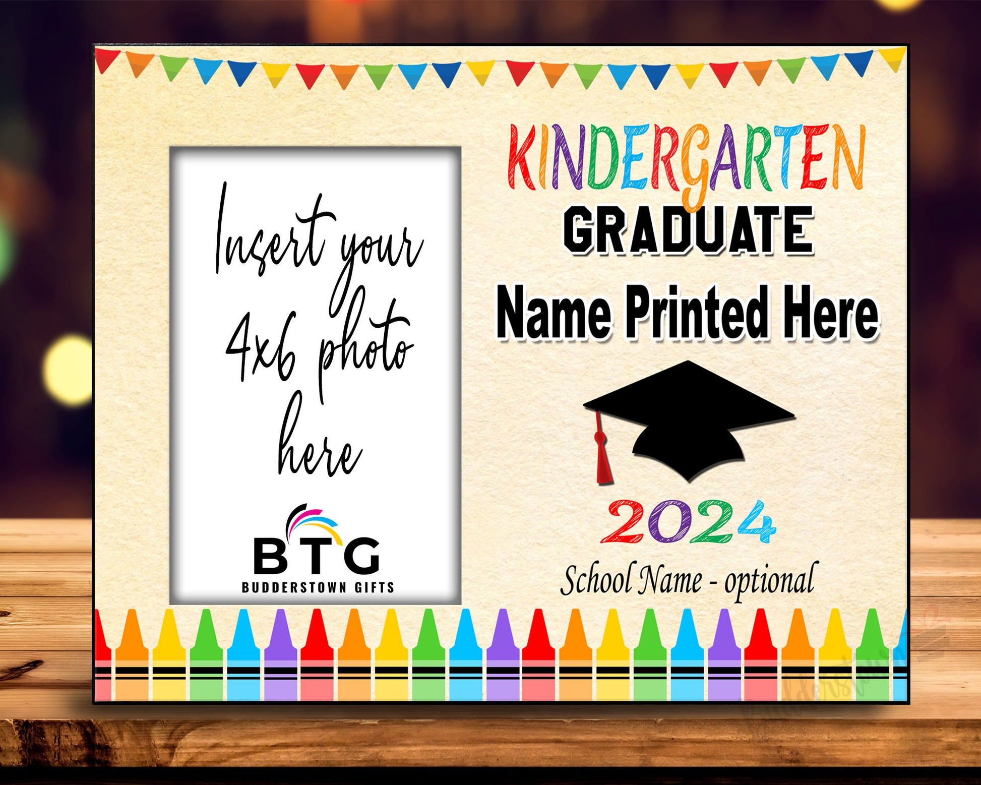 Kindergarten Graduate Personalized Graduation Frame.

This heartfelt 8x10 wood Photo Frame is the perfect way to commemorate this significant milestone. It holds an actual 4x6 photo, allowing you to capture your little one's adorable smile on their big day.