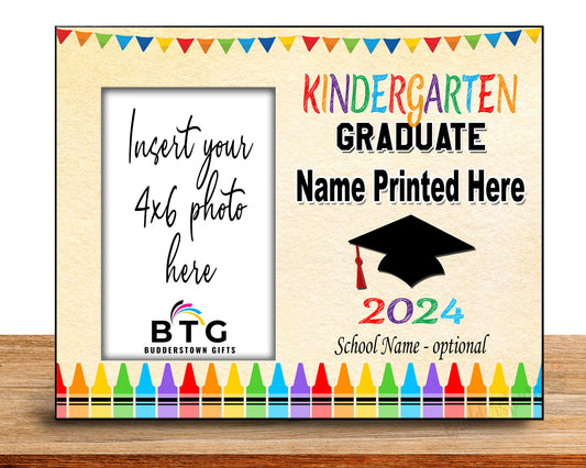 Kindergarten Graduate Personalized Graduation Frame.

This heartfelt 8x10 wood Photo Frame is the perfect way to commemorate this significant milestone. It holds an actual 4x6 photo, allowing you to capture your little one's adorable smile on their big day.