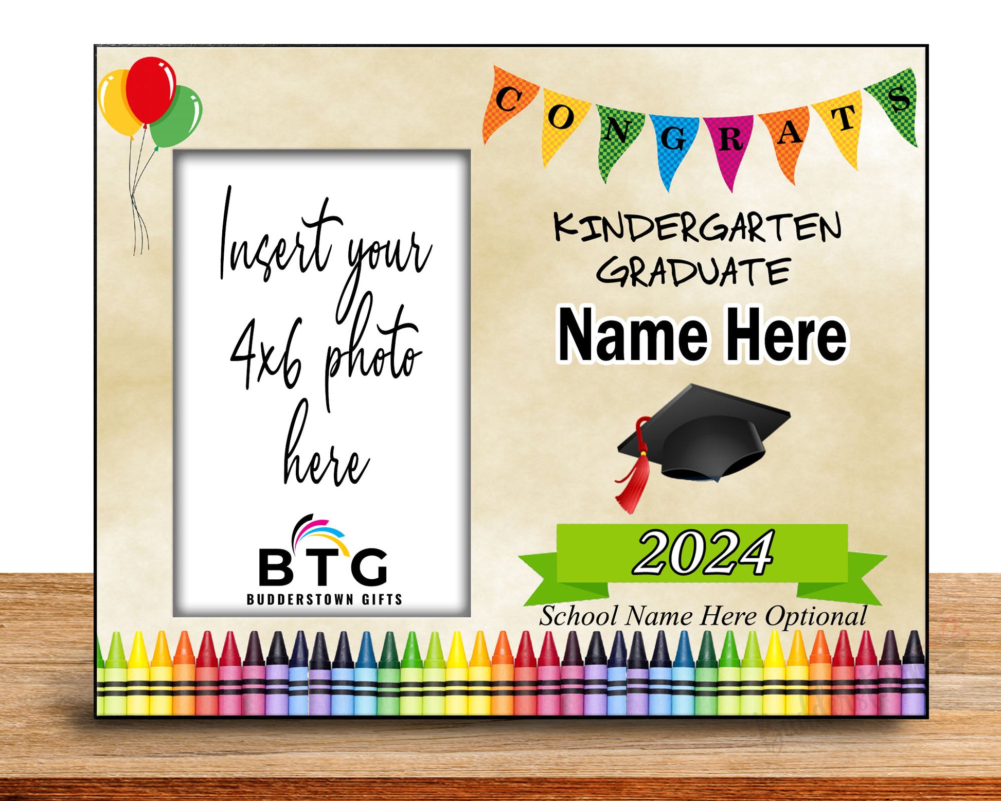 kindergarten Graduate Personalized Graduation Frame.

This heartfelt 8x10 wood Photo Frame is the perfect way to commemorate this significant milestone. It holds an actual 4x6 photo, allowing you to capture your little one's adorable smile on their big day.