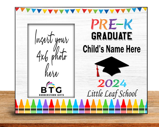 Pre-K Graduate Personalized Graduation Frame.

This heartfelt 8x10 wood Photo Frame is the perfect way to commemorate this significant milestone. It holds an actual 4x6 photo, allowing you to capture your little one's adorable smile on their big day.