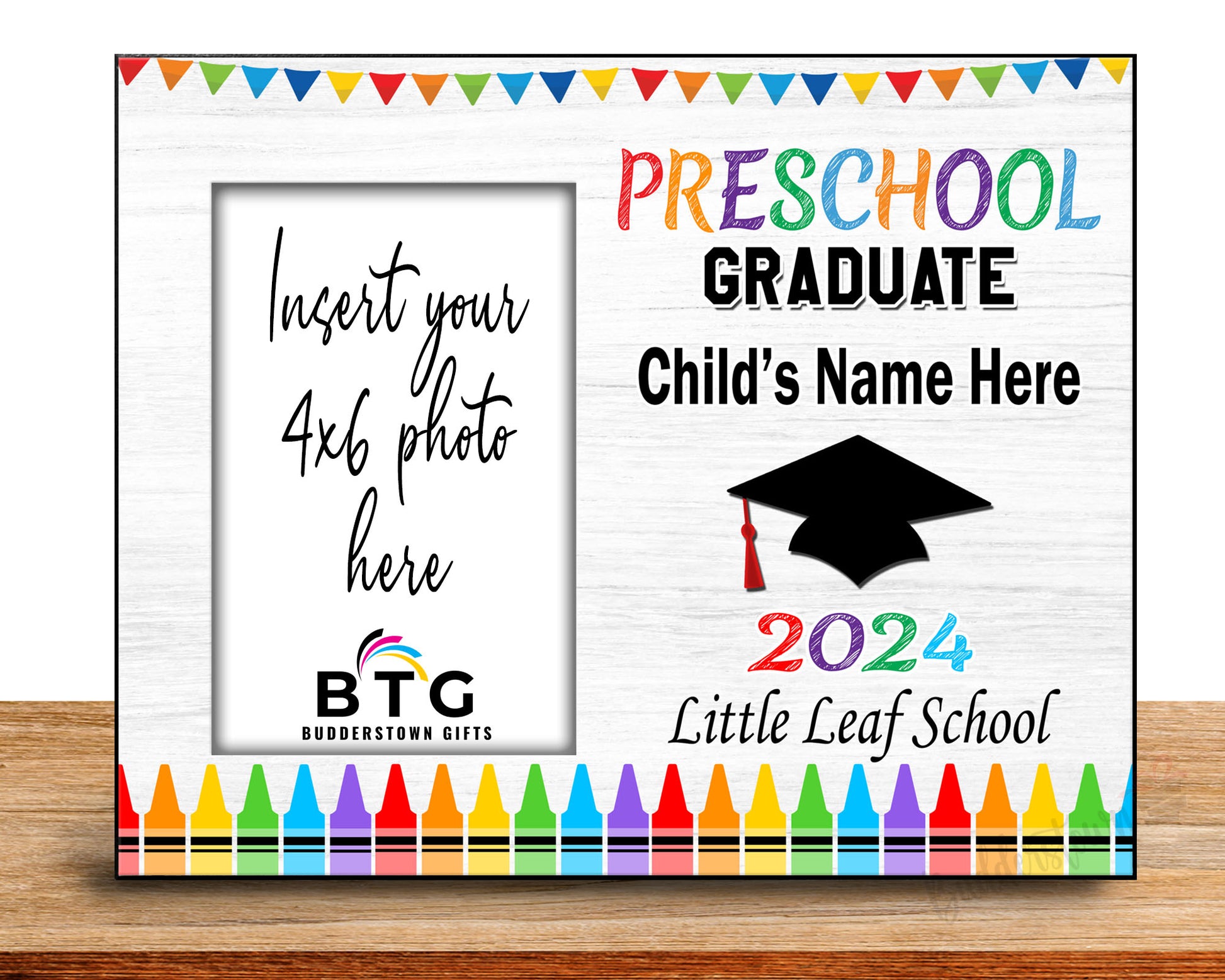 Preschool Graduate Personalized Graduation Frame.

This heartfelt 8x10 wood Photo Frame is the perfect way to commemorate this significant milestone. It holds an actual 4x6 photo, allowing you to capture your little one's adorable smile on their big day.