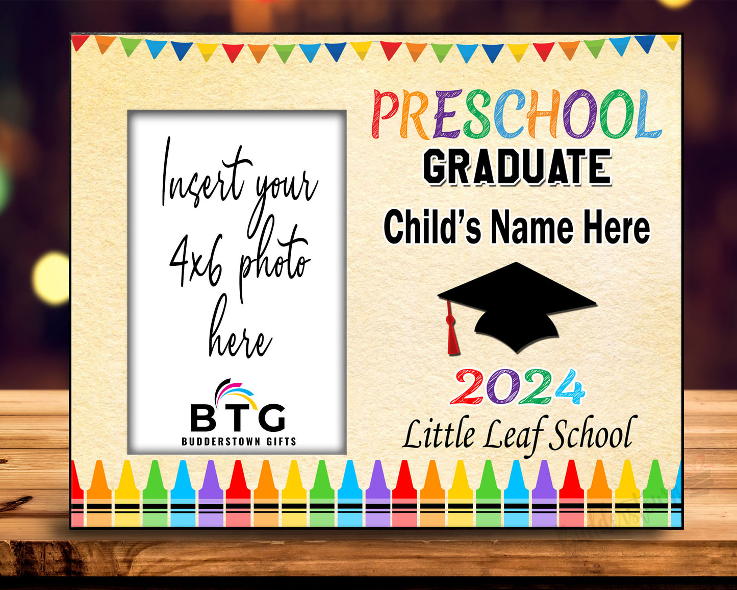Preschool Graduate Personalized Graduation Frame.

This heartfelt 8x10 wood Photo Frame is the perfect way to commemorate this significant milestone. It holds an actual 4x6 photo, allowing you to capture your little one's adorable smile on their big day.