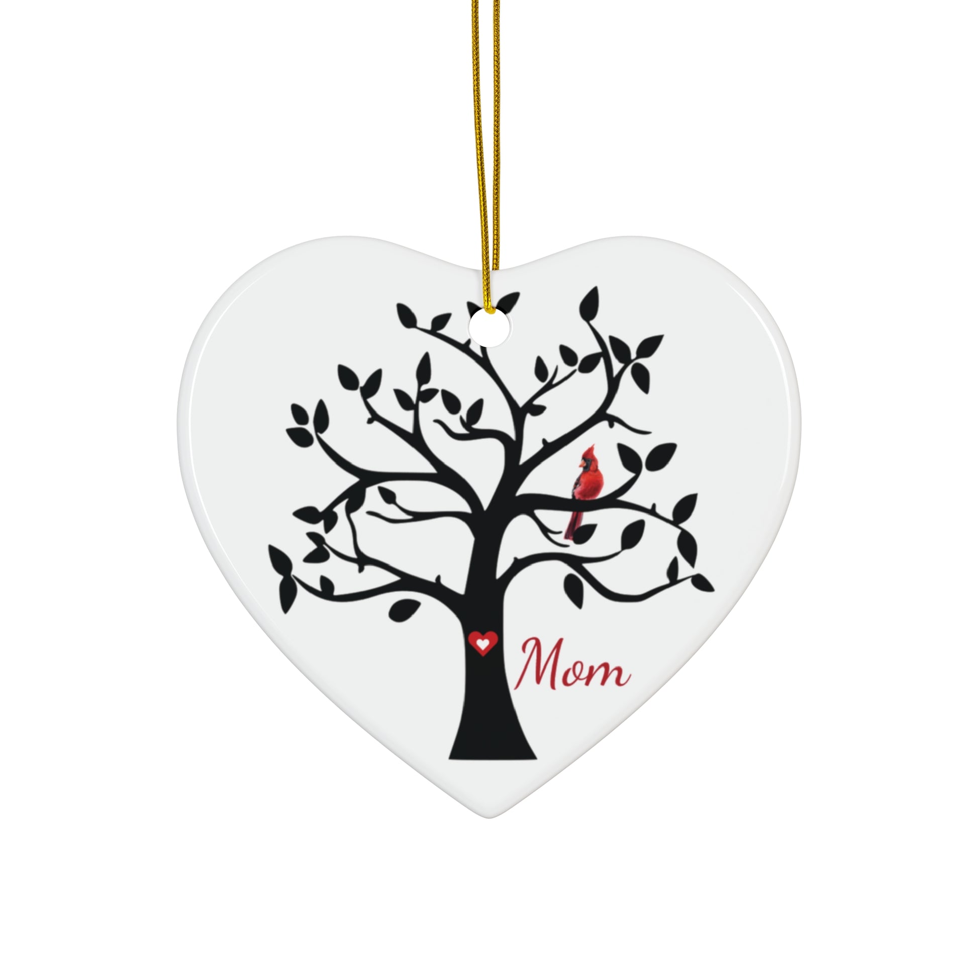 ceramic heart ornament with tree and cardinal