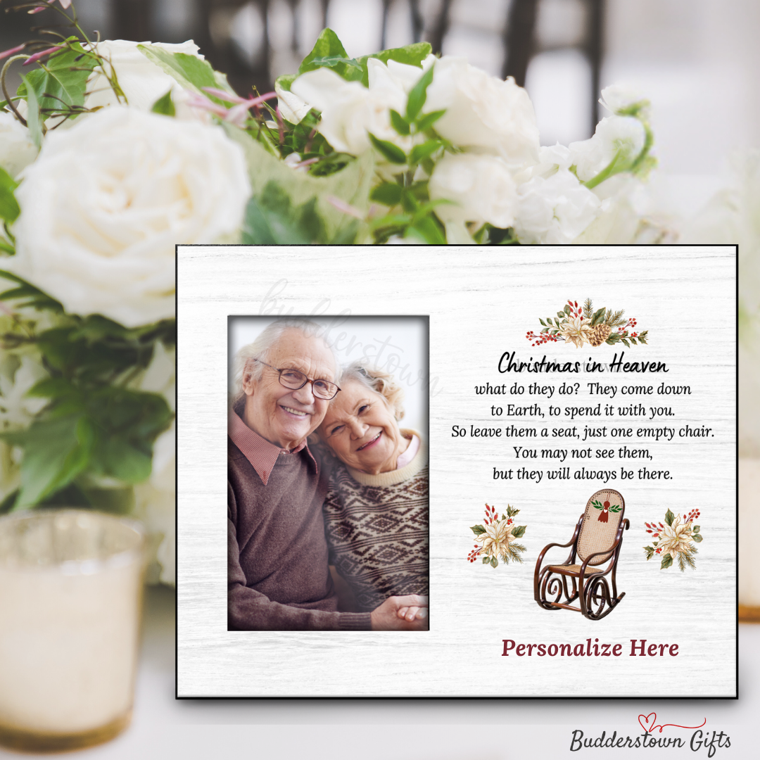 Christmas in Heaven memorial photo frame with rocking chair and floral accents.4x6 photo insert - 8x10 frame