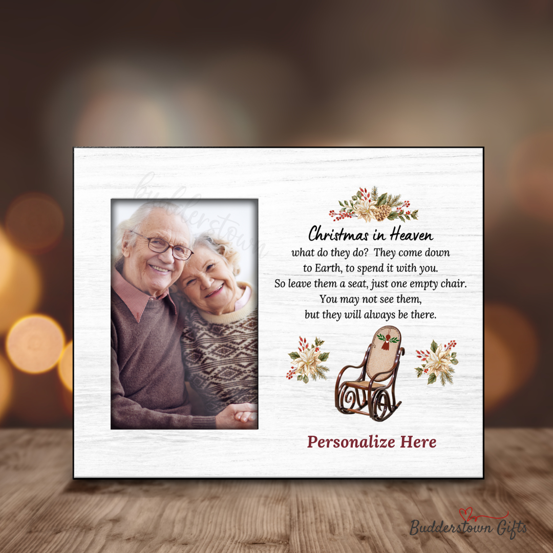 Christmas in Heaven memorial photo frame with rocking chair and floral accents.4x6 photo insert - 8x10 frame