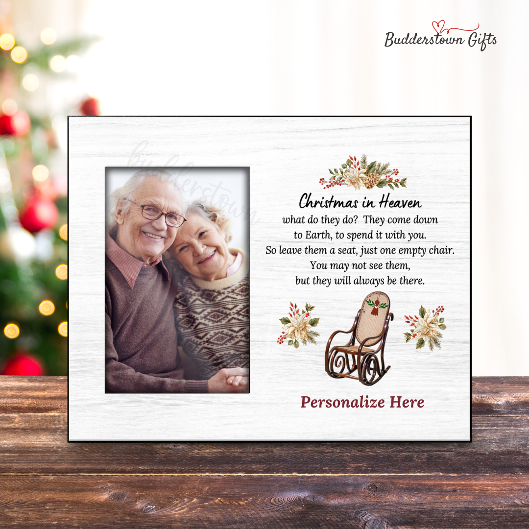 Christmas in Heaven memorial photo frame with rocking chair and floral accents.4x6 photo insert - 8x10 frame