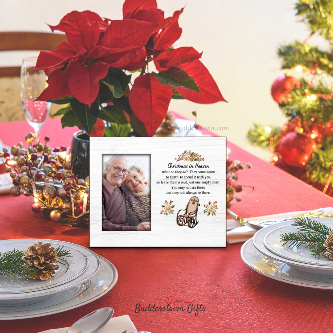 Christmas in Heaven memorial photo frame with rocking chair and floral accents.4x6 photo insert - 8x10 frame