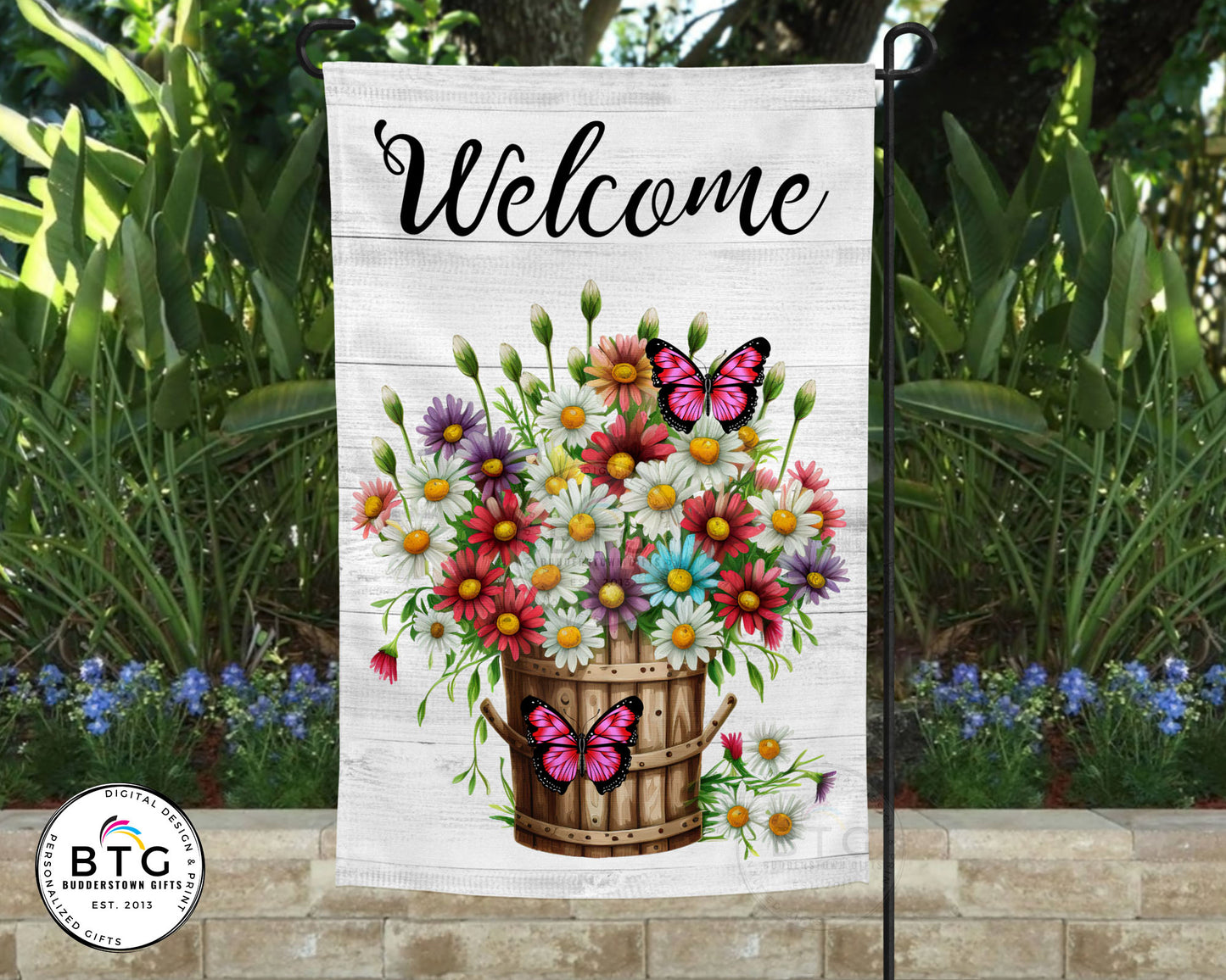 Floral Garden Flag Daisies and Butterflies - Personalized Garden Flag