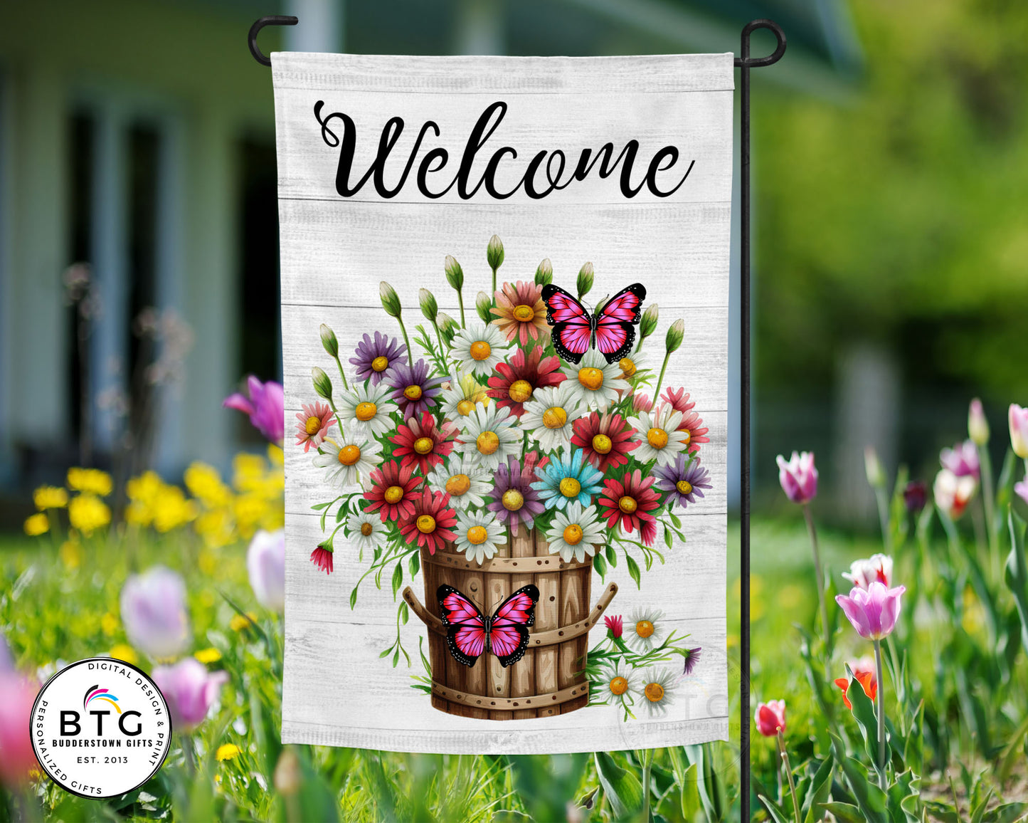 Floral Garden Flag Daisies and Butterflies - Personalized Garden Flag