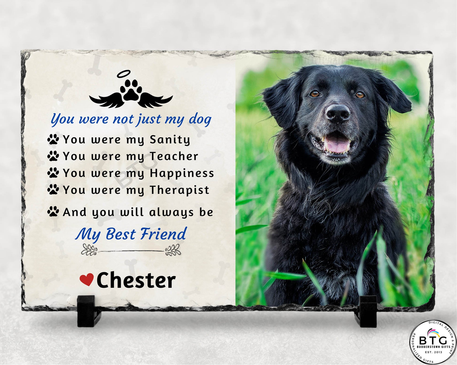 7 1/2" x 11" photo slate transforms any photo into a personalized remembrance. Simply upload a high-quality photo - ensuring the best resolution possible - and let our handcrafted creation be a lasting tribute to your pet's memory.