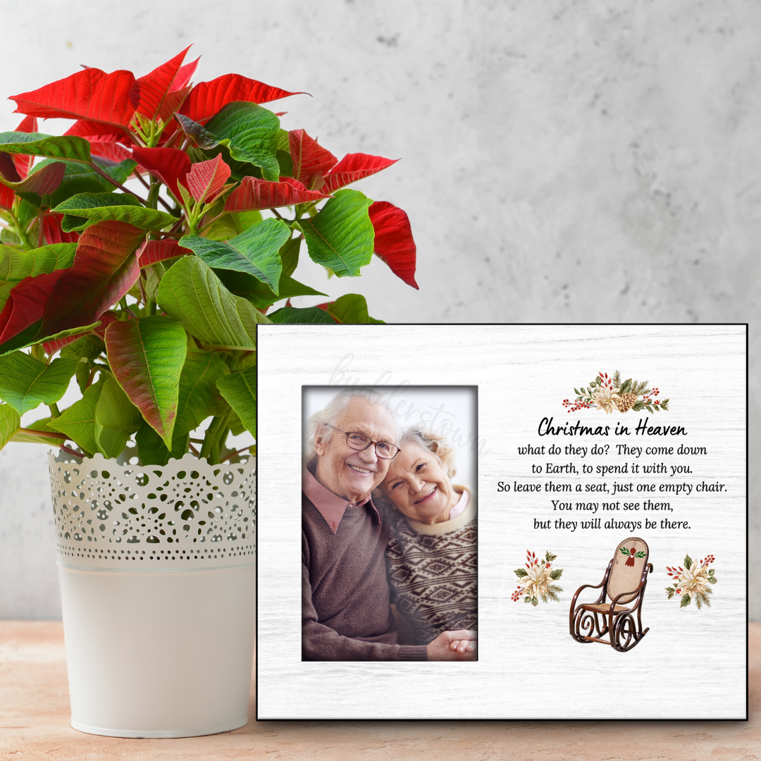 Christmas in Heaven memorial photo frame with rocking chair and floral accents.4x6 photo insert - 8x10 frame