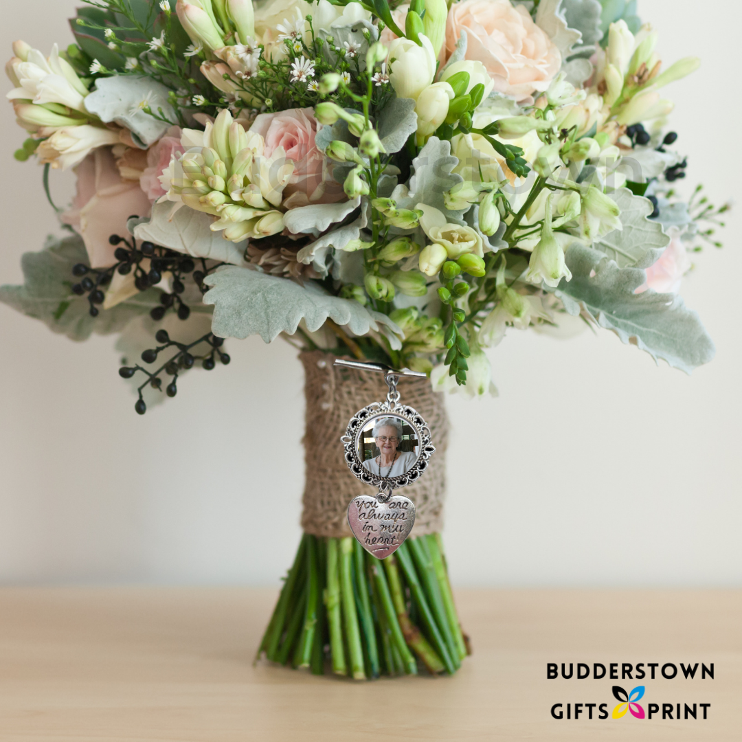 Wedding Bouquet Photo Charm with Custom Photo & Heart Keepsake