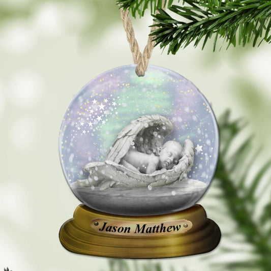 Angel snow globe ornament for loss of child - printed on wood