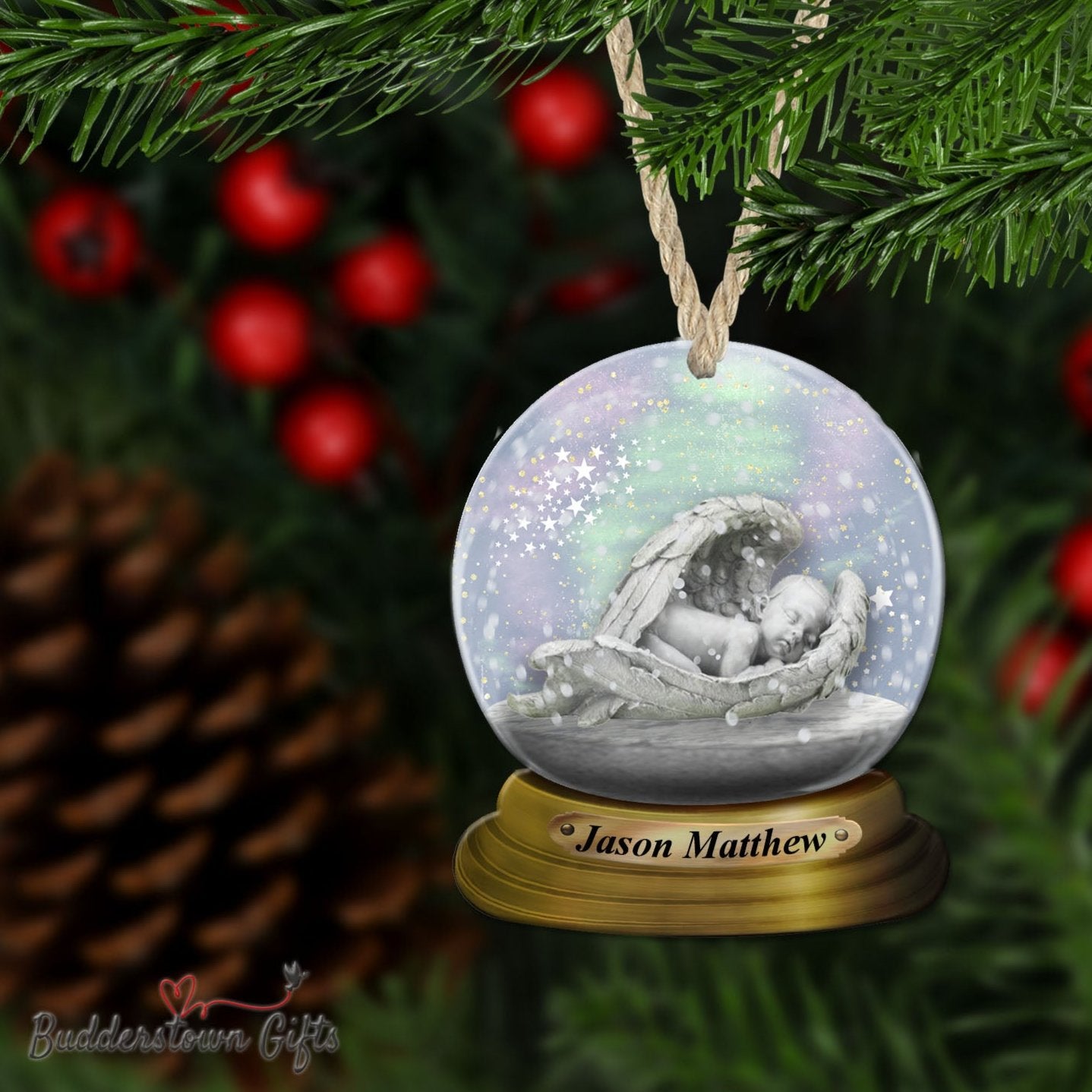 Angel snow globe ornament for loss of child - printed on wood