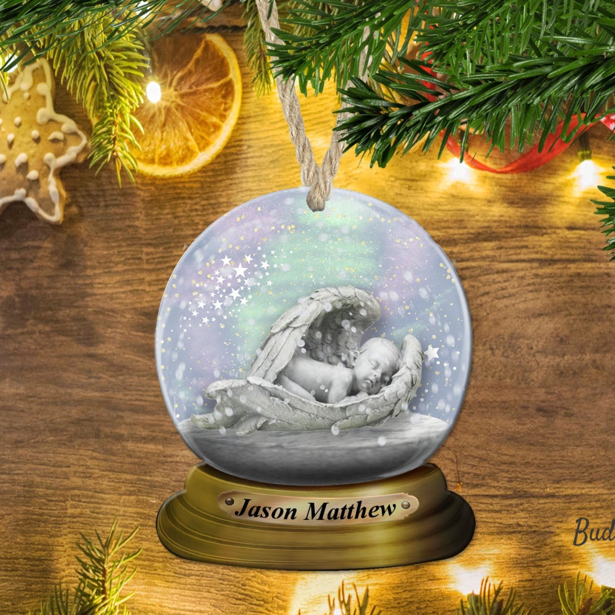 Angel snow globe ornament for loss of child - printed on wood