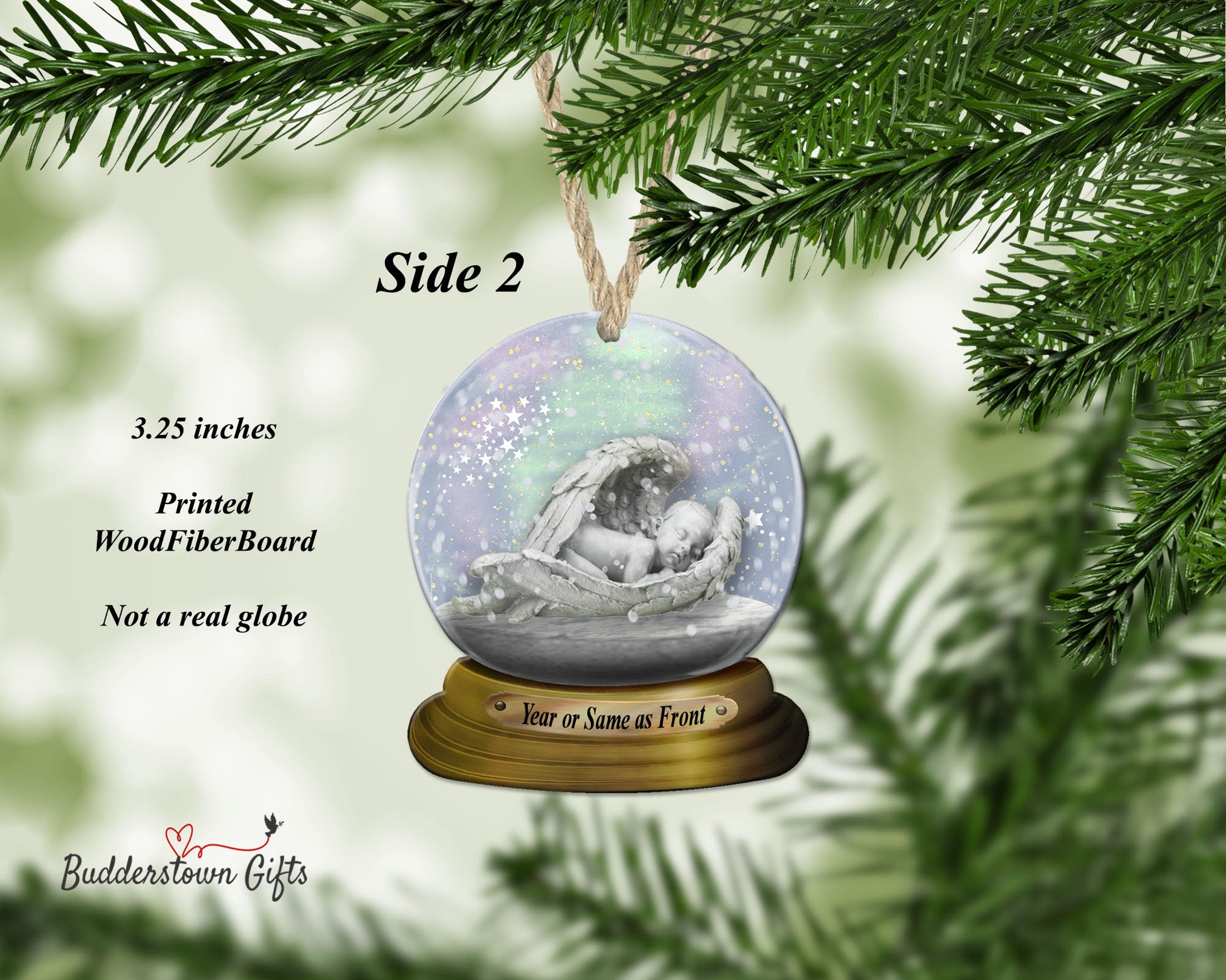 Angel snow globe ornament for loss of child - printed on wood