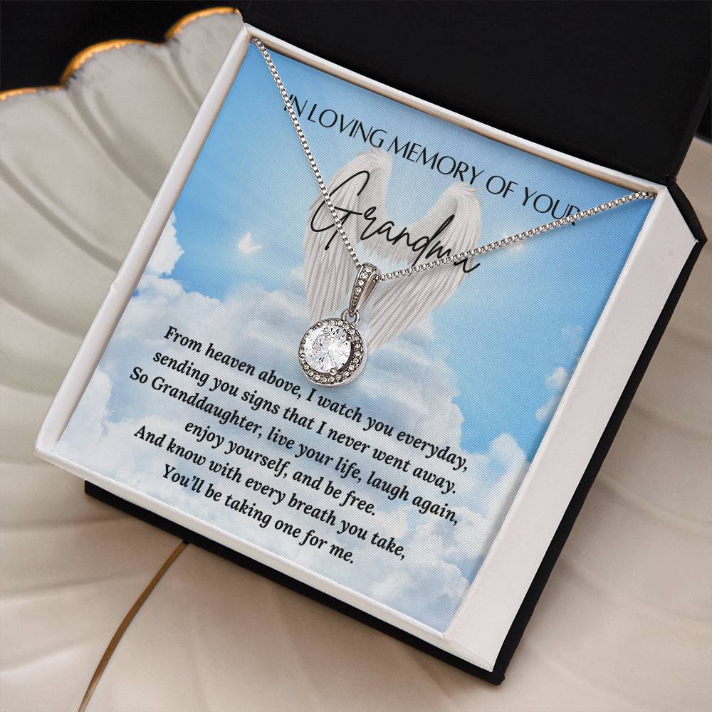 In loving memory of your Grandma
Eternal Hope necklace
Material: 14k white gold over stainless steel or 18k yellow gold over stainless steel
Stone: 6mm round cut cubic zirconia
Pendant dimensions: 0.6" (15.7mm) height / 0.23" (6mm) width
Chain length: Adjustable from 18" - 22" (45.72cm - 55.88cm)
Clasp: Lobster clasp