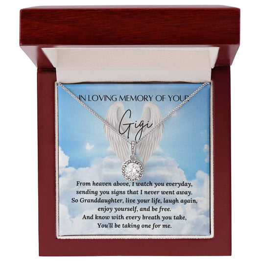 In loving memory of your GiGi
Eternal Hope necklace
Material: 14k white gold over stainless steel or 18k yellow gold over stainless steel
Stone: 6mm round cut cubic zirconia
Pendant dimensions: 0.6" (15.7mm) height / 0.23" (6mm) width
Chain length: Adjustable from 18" - 22" (45.72cm - 55.88cm)
Clasp: Lobster clasp