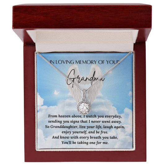In loving memory of your Grandma
Eternal Hope necklace
Material: 14k white gold over stainless steel or 18k yellow gold over stainless steel
Stone: 6mm round cut cubic zirconia
Pendant dimensions: 0.6" (15.7mm) height / 0.23" (6mm) width
Chain length: Adjustable from 18" - 22" (45.72cm - 55.88cm)
Clasp: Lobster clasp