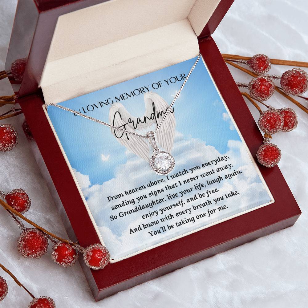 In loving memory of your Grandma
Eternal Hope necklace
Material: 14k white gold over stainless steel or 18k yellow gold over stainless steel
Stone: 6mm round cut cubic zirconia
Pendant dimensions: 0.6" (15.7mm) height / 0.23" (6mm) width
Chain length: Adjustable from 18" - 22" (45.72cm - 55.88cm)
Clasp: Lobster clasp