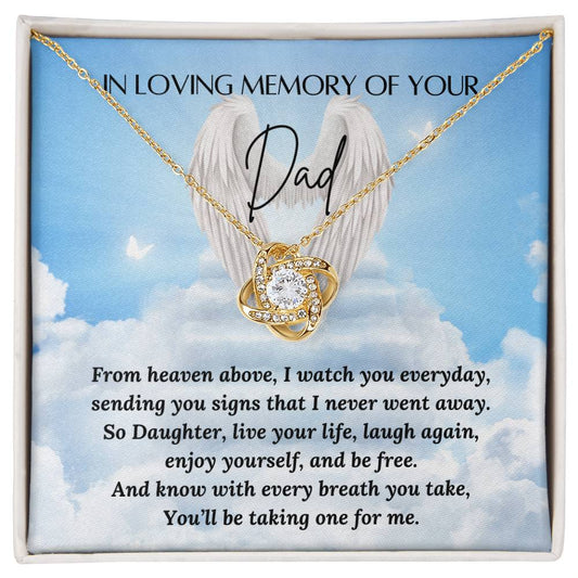 In loving memory of your Dad
Love knot necklace
Material: 14k white gold over stainless steel or 18k yellow gold over stainless steel
Stone: 6mm round cut cubic zirconia
Pendant dimensions: 0.6" (15.7mm) height / 0.23" (6mm) width
Chain length: Adjustable from 18" - 22" (45.72cm - 55.88cm)
Clasp: Lobster clasp