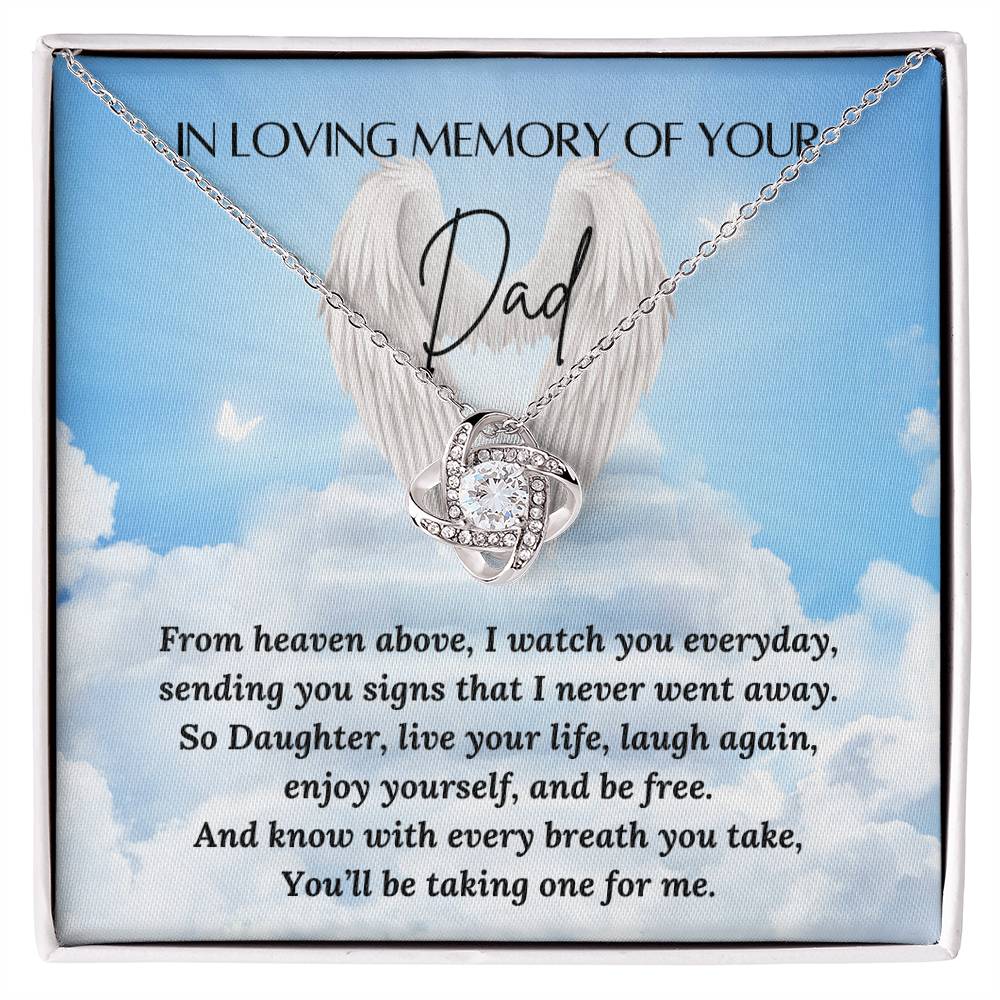 In loving memory of your Dad
Love knot necklace
Material: 14k white gold over stainless steel or 18k yellow gold over stainless steel
Stone: 6mm round cut cubic zirconia
Pendant dimensions: 0.6" (15.7mm) height / 0.23" (6mm) width
Chain length: Adjustable from 18" - 22" (45.72cm - 55.88cm)
Clasp: Lobster clasp