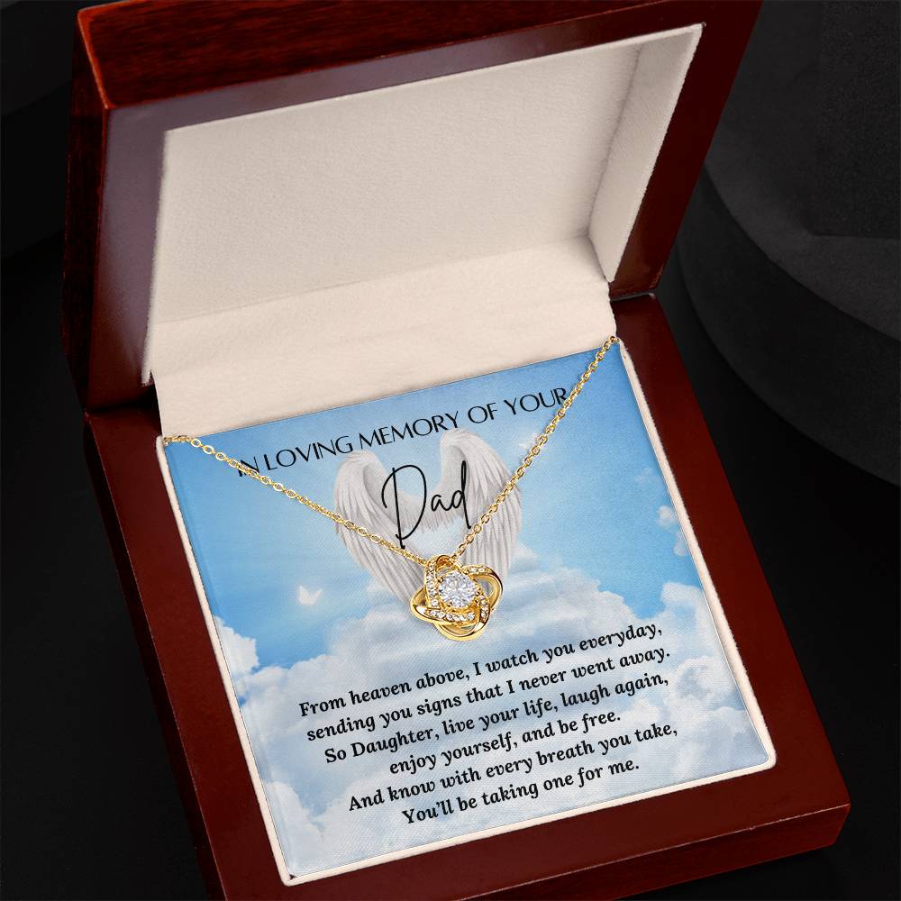 In loving memory of your Dad
Love knot necklace
Material: 14k white gold over stainless steel or 18k yellow gold over stainless steel
Stone: 6mm round cut cubic zirconia
Pendant dimensions: 0.6" (15.7mm) height / 0.23" (6mm) width
Chain length: Adjustable from 18" - 22" (45.72cm - 55.88cm)
Clasp: Lobster clasp