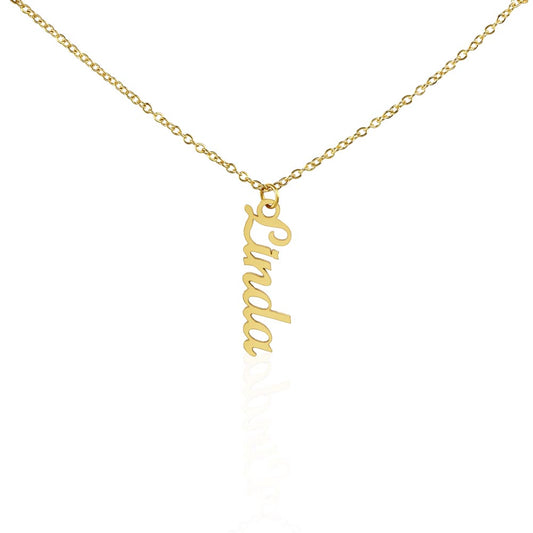 personalized vertical necklace features a cursive name design suspended on an 16”-18” adjustable cable chain, making it both personal and beautiful! Your necklace will be custom made upon ordering in the name or word of your choice, with up to 10 characters.