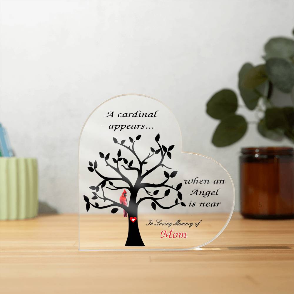 acrylic heart with tree, cardinal, poem and personalized