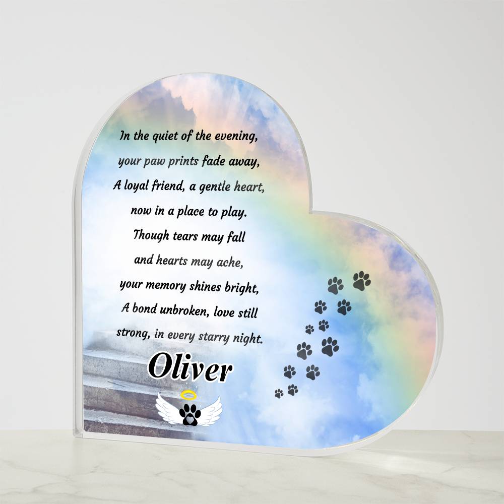 a heart shaped plaque frame with a paw print
rainbow bridge poem