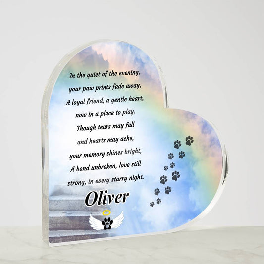 a heart shaped plaque frame with a paw print rainbow bridge poem