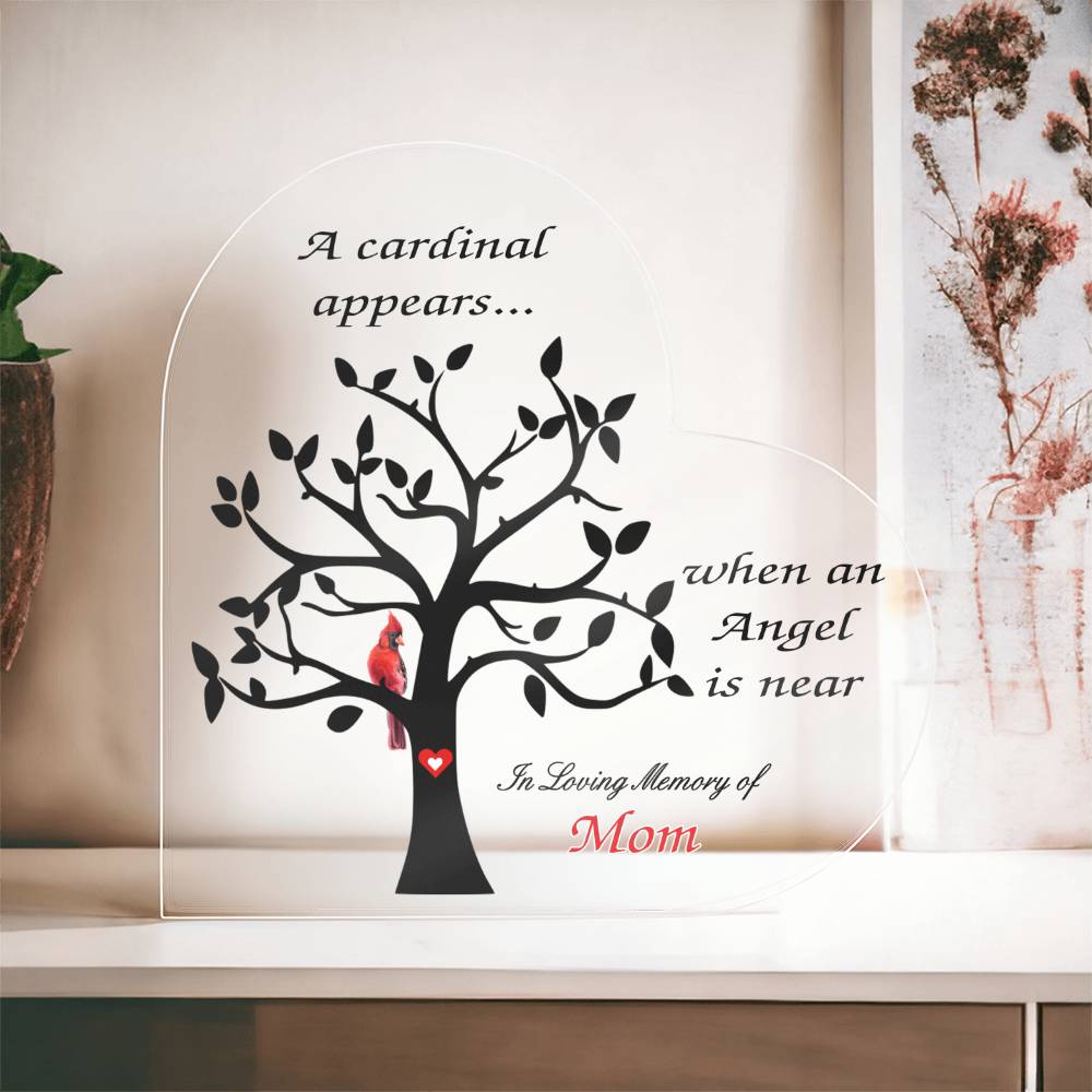 acrylic heart with tree, cardinal, poem and personalized