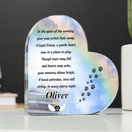 a heart shaped plaque frame with a paw print
rainbow bridge poem