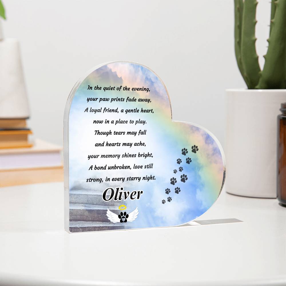 a heart shaped plaque frame with a paw print
rainbow bridge poem