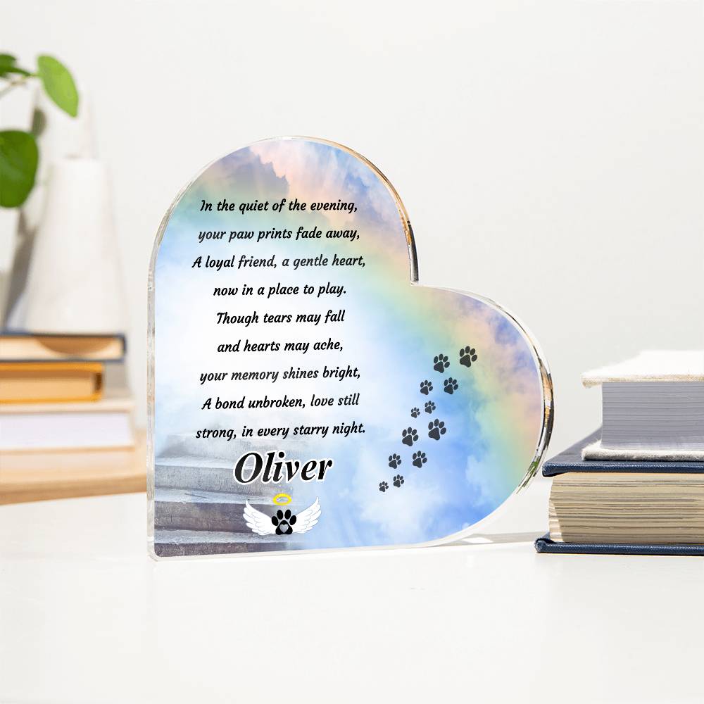 a heart shaped plaque frame with a paw print
rainbow bridge poem