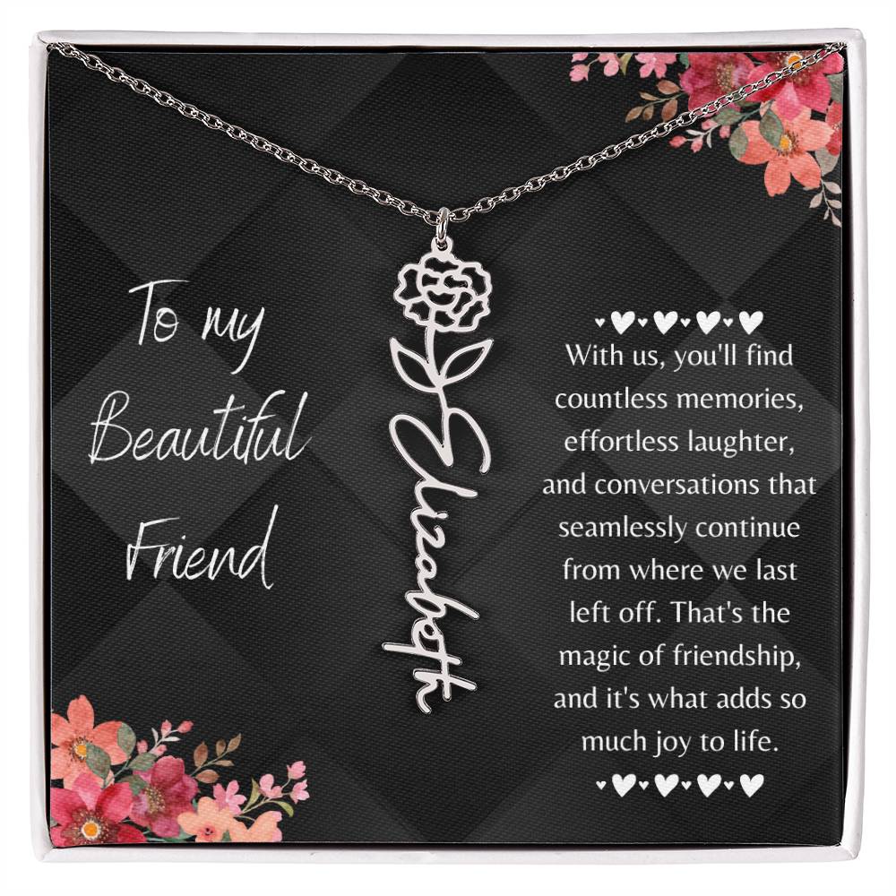 birth flower necklace showcases a graceful name design hanging from a 16”-18” adjustable cable chain, adding a touch of personal charm. When you place your order, your unique necklace will be crafted with the name or word of your preference, up to 10 characters, and adorned with the birth flower of your choosing.