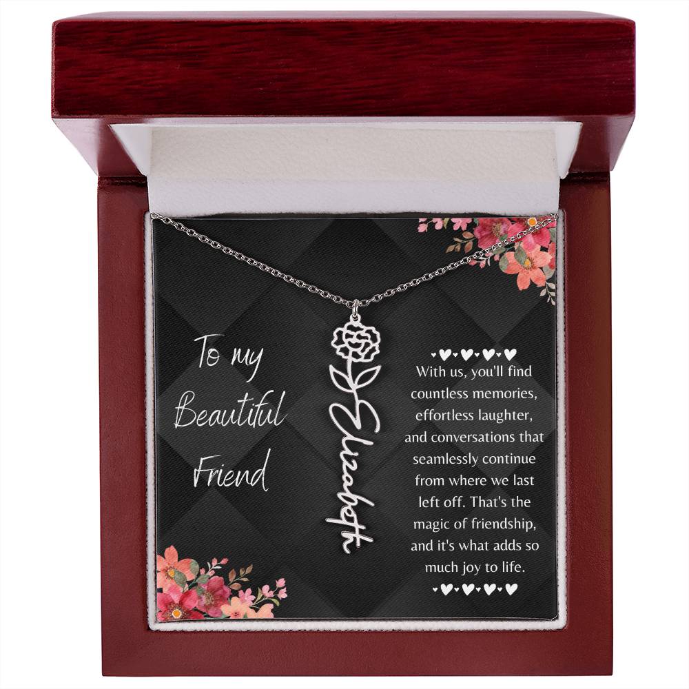 birth flower necklace showcases a graceful name design hanging from a 16”-18” adjustable cable chain, adding a touch of personal charm. When you place your order, your unique necklace will be crafted with the name or word of your preference, up to 10 characters, and adorned with the birth flower of your choosing.