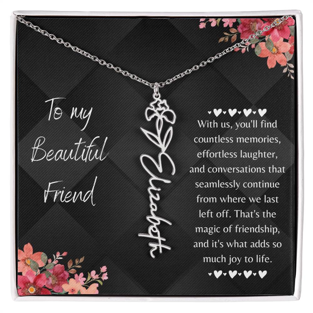 birth flower necklace showcases a graceful name design hanging from a 16”-18” adjustable cable chain, adding a touch of personal charm. When you place your order, your unique necklace will be crafted with the name or word of your preference, up to 10 characters, and adorned with the birth flower of your choosing.