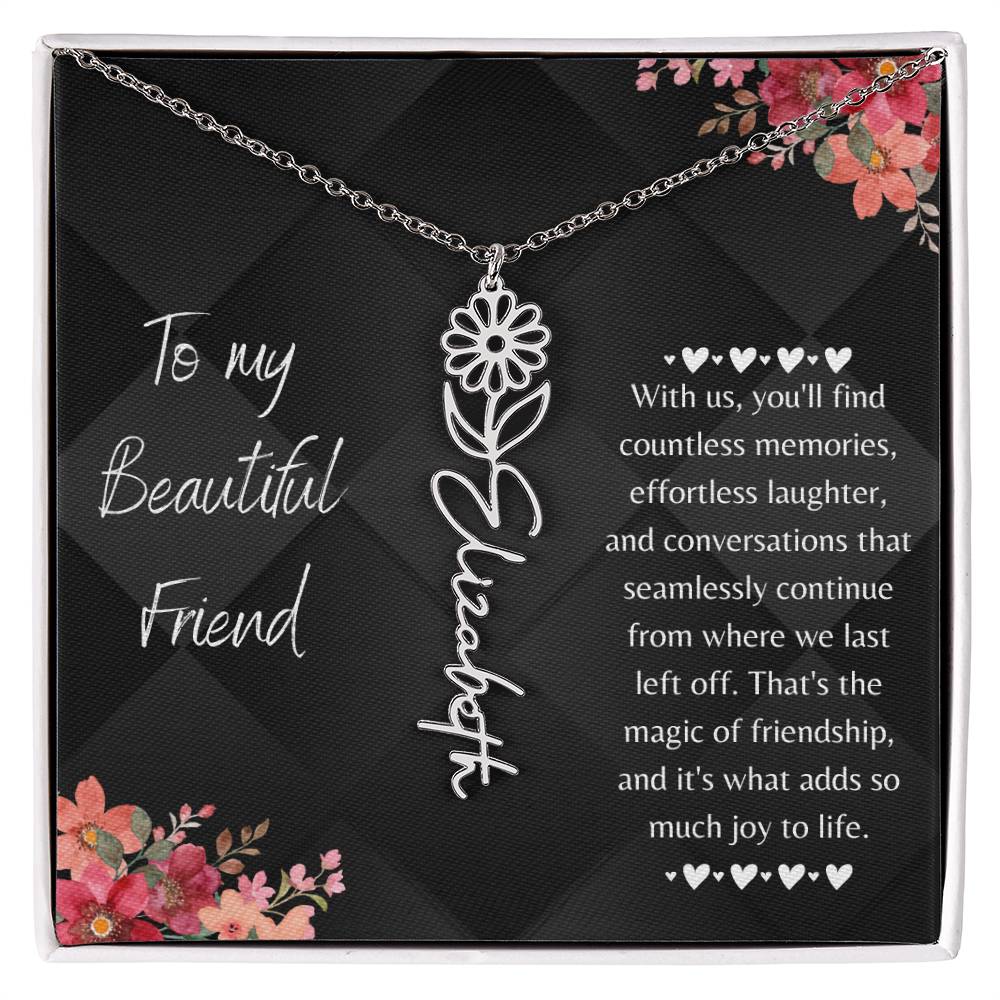 birth flower necklace showcases a graceful name design hanging from a 16”-18” adjustable cable chain, adding a touch of personal charm. When you place your order, your unique necklace will be crafted with the name or word of your preference, up to 10 characters, and adorned with the birth flower of your choosing.