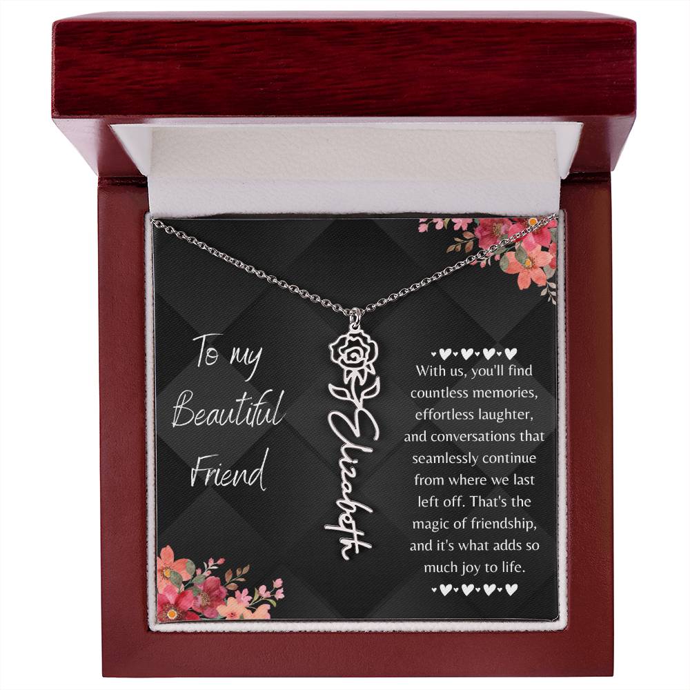 birth flower necklace showcases a graceful name design hanging from a 16”-18” adjustable cable chain, adding a touch of personal charm. When you place your order, your unique necklace will be crafted with the name or word of your preference, up to 10 characters, and adorned with the birth flower of your choosing.