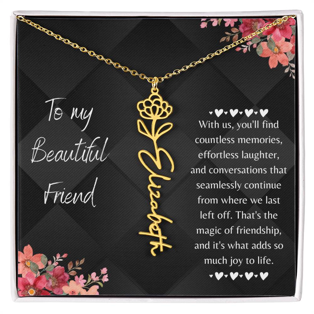 birth flower necklace showcases a graceful name design hanging from a 16”-18” adjustable cable chain, adding a touch of personal charm. When you place your order, your unique necklace will be crafted with the name or word of your preference, up to 10 characters, and adorned with the birth flower of your choosing.