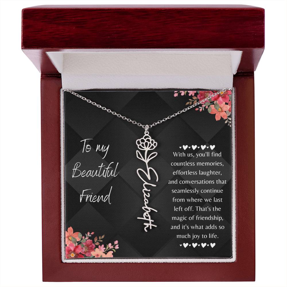 birth flower necklace showcases a graceful name design hanging from a 16”-18” adjustable cable chain, adding a touch of personal charm. When you place your order, your unique necklace will be crafted with the name or word of your preference, up to 10 characters, and adorned with the birth flower of your choosing.