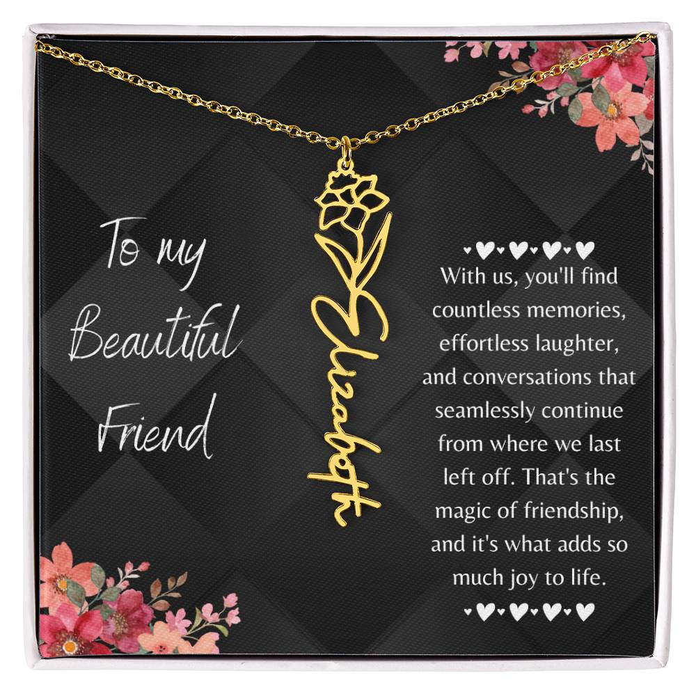 birth flower necklace showcases a graceful name design hanging from a 16”-18” adjustable cable chain, adding a touch of personal charm. When you place your order, your unique necklace will be crafted with the name or word of your preference, up to 10 characters, and adorned with the birth flower of your choosing.